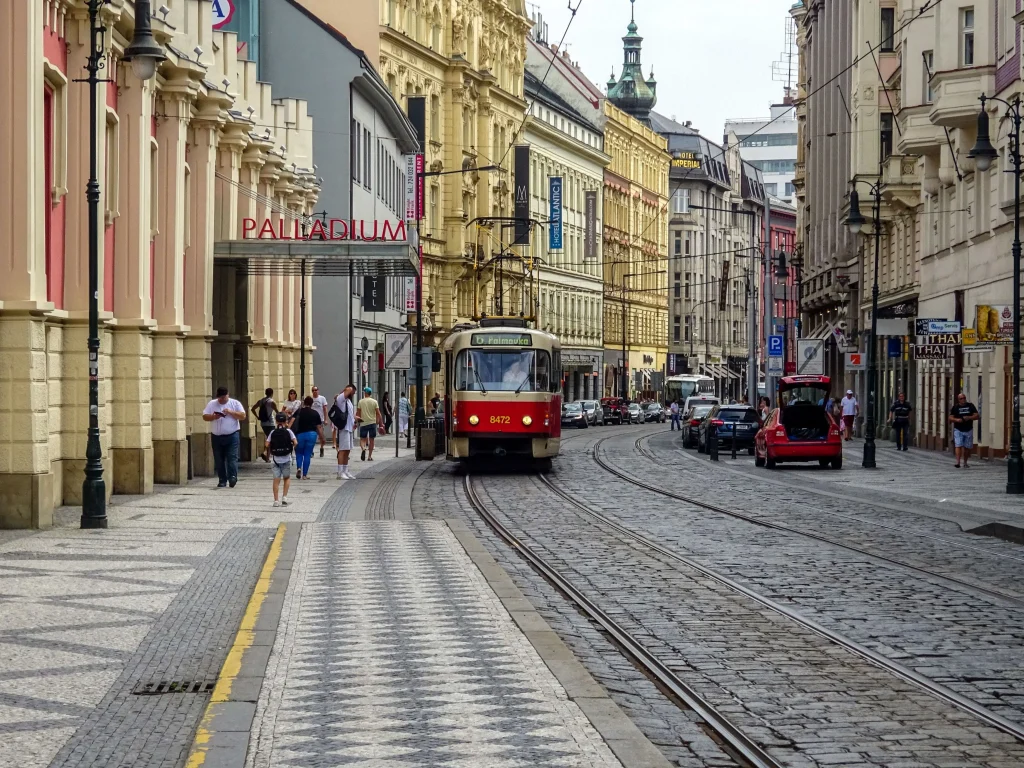 Prague vs Krakow: Which Is Cheaper for Backpackers in 2026? 1 Vintage tram in Prague near the Palladium, a stop worth comparing in our Prague vs Krakow guide